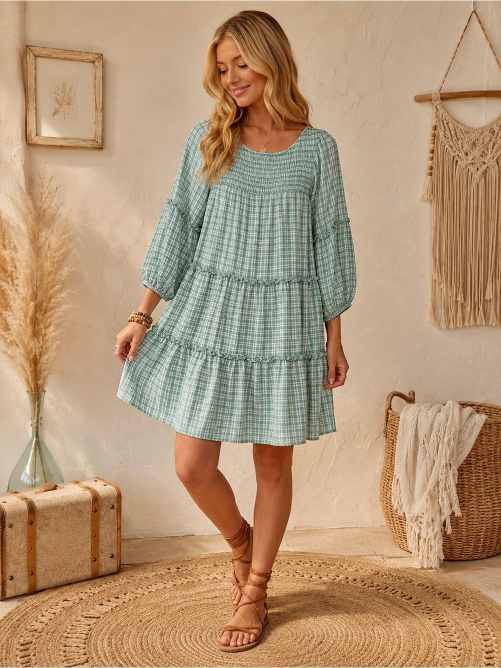 Maison Tara Mint Plaid Smocked Tiered Mini Dress Cottage Core Aesthetic